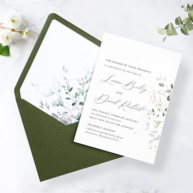 PONATIA 50PCS A7 Euro Flap Envelope, 5.25 x 7.25'' Olive Green Flowers Liner - Image 5