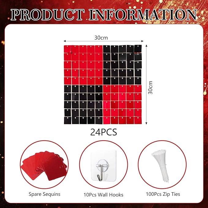 24PCS Black Red Shimmer Wall Backdrop, Square Sequin Photo Backdrops Panel - Image 2