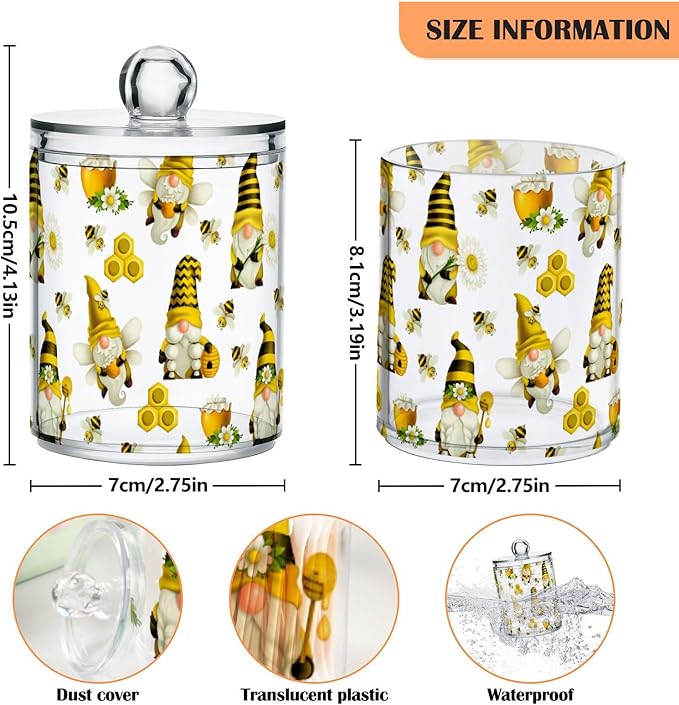 Qtip Holder Dispenser 2 Pack Gnome Bees Flying Dwarf Daisy Apothecary Jars - Image 3