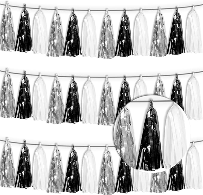 3P Black Silver White Metallic Fringe Tassel Banner Garland Foil Tinsel by Xuuf