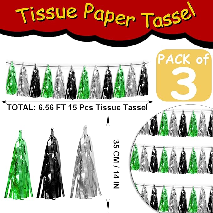 3P Black Silver Green Metallic Fringe Tassel Banner Garland Foil Tinsel - Image 2