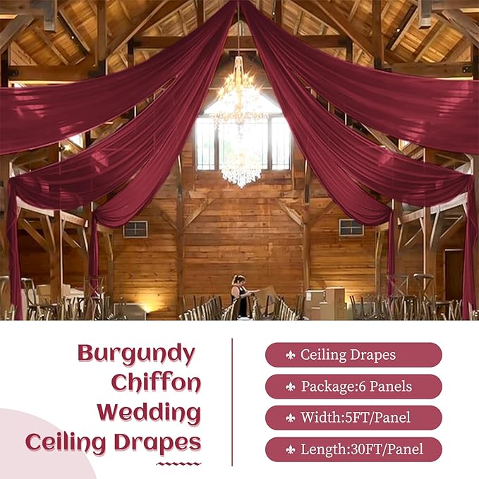 6 Panels Burgundy Wedding Ceiling Drapes 5ftx30ft Ceiling Drapes Chiffon Fabric - Image 2