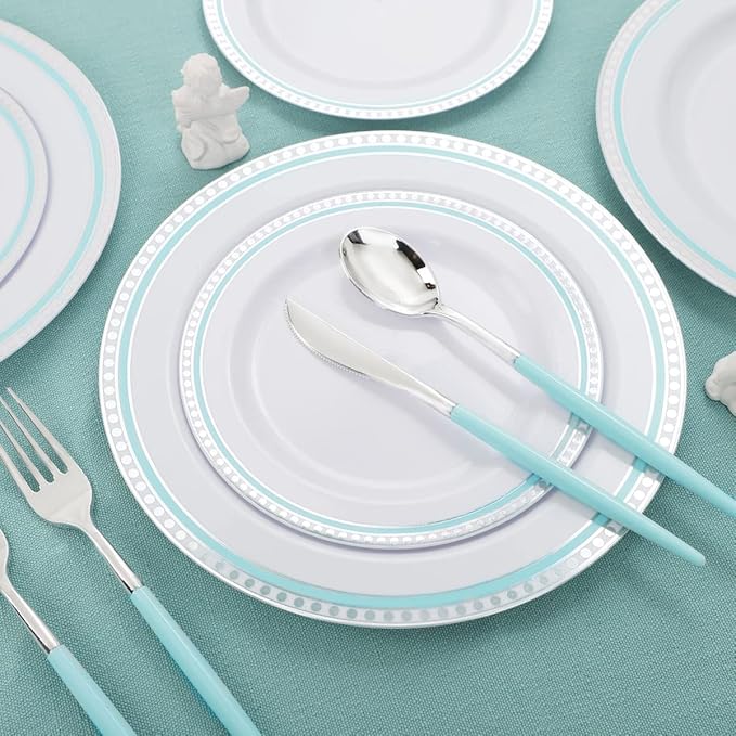 COLOSUS 125pcs Disposable Silver Blue Plastic Plates and Silverware .Light baby - Image 5