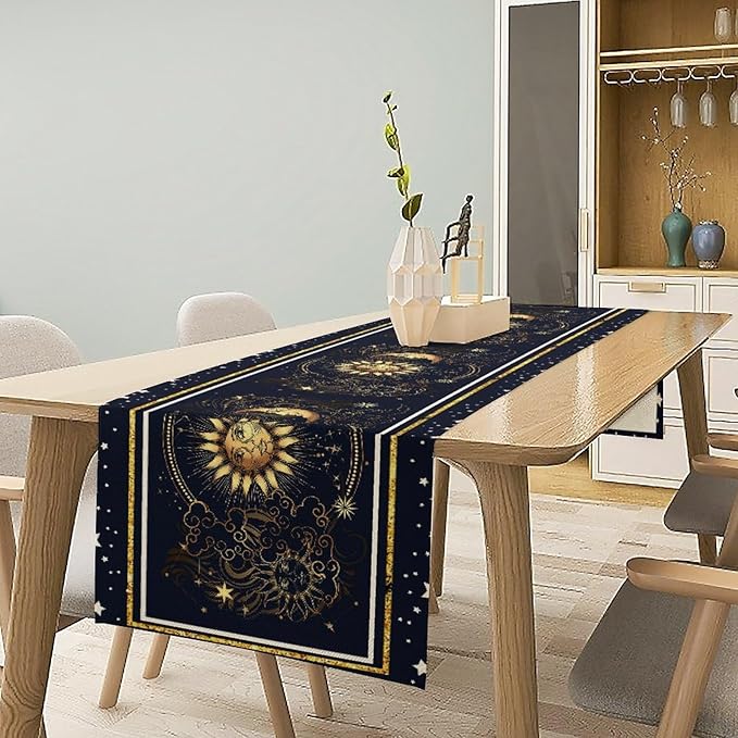 Sun Moon Table Runner, Seasonal Golden Sun Moon Holiday Kitchen Dining Table - Image 7