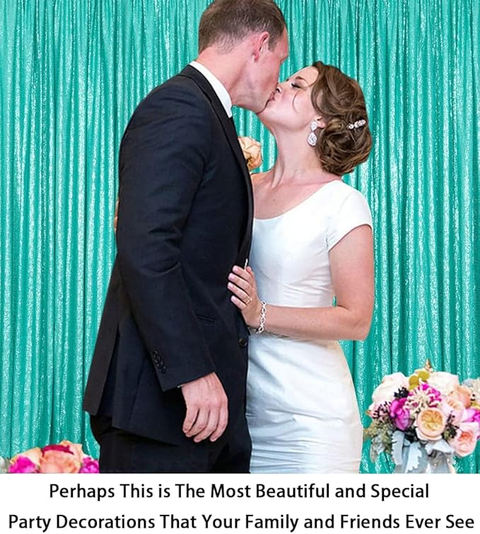 ShinyBeauty Sequin Backdrop 4x10ft Teal Sequin Curtains 2 Panels Wedding Drapes - Image 2