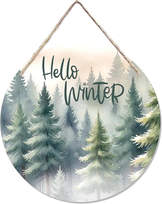 CGBHW Hello Winter Welcome Forest Wooden Sign, Winter Farmhouse Pine Trees by CGBHW