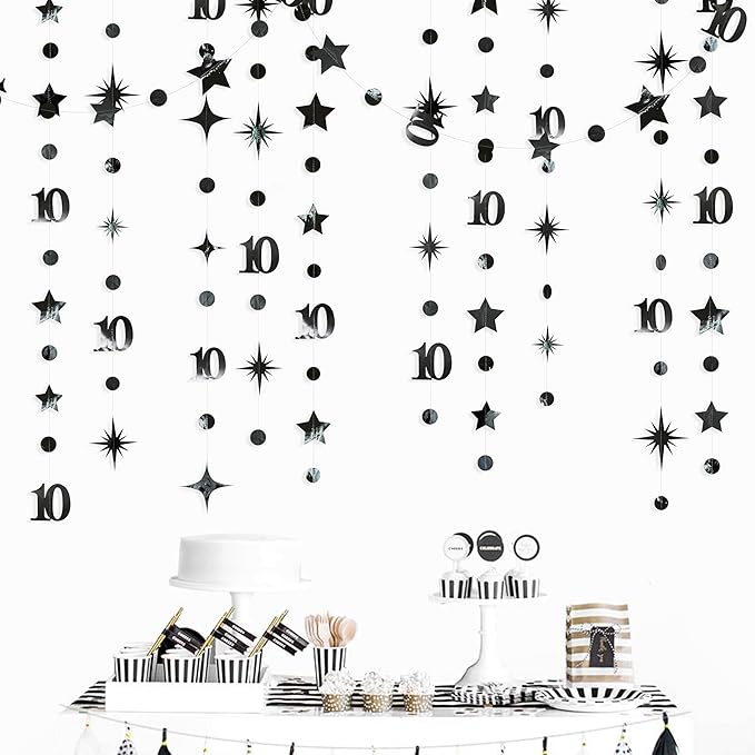 Black 10th Birthday Decorations Number 10 Circle Dot Twinkle Star Garland - Image 4