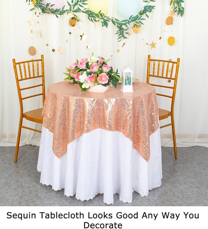 ShinyBeauty Rose Gold Tablecloths 36X36 Inch, 2 Pieces Sequin Table Cloth - Image 6