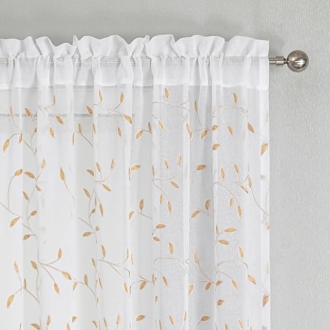 VISIONTEX White Sheer Voile Curtains, Decorative Orange Leaves Embroidery Faux - Image 3