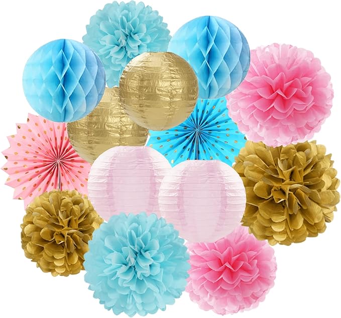 Pink Blue-Gold Party-Decorations Streamers Lanterns by OURUOLA