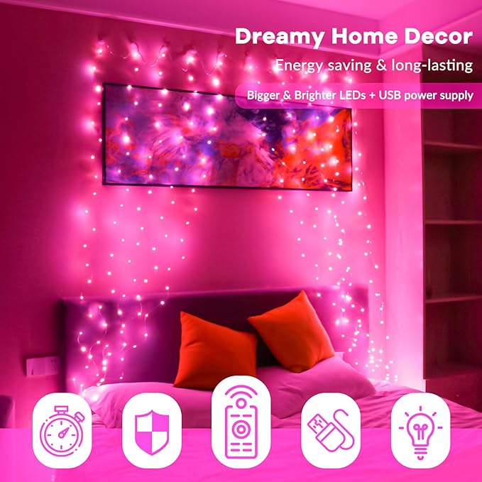 HXWEIYE 300LED Fairy Curtain Lights, 9.8x9.8Ft USB Plug-in 8 Modes Christmas - Image 6