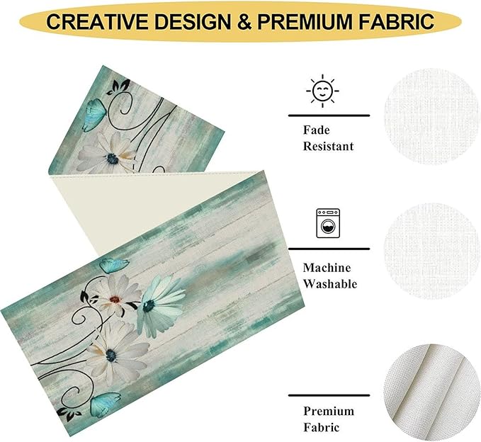 Daisy Floral Table Runner, Farmhouse Abstract Spring Seasonal Summer Blue White - Image 4