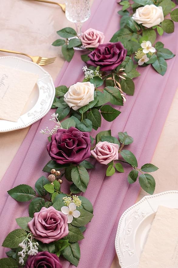 PONATIA 5FT Handcrafted Burgundy Artificial Rose Garland, Dusty Rose Flowers - Image 9