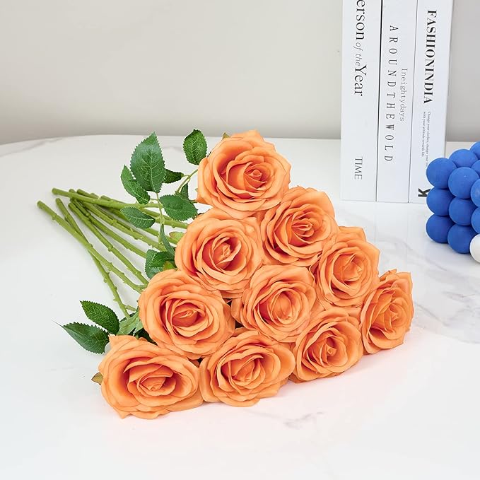 Artificial Rose 10pcs Orange Open Flower Bouquet Faux Rose Stems - Image 5