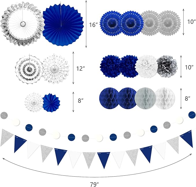 Blue and Sliver Party Decorations, Pom Poms Flowers Packs - Image 3