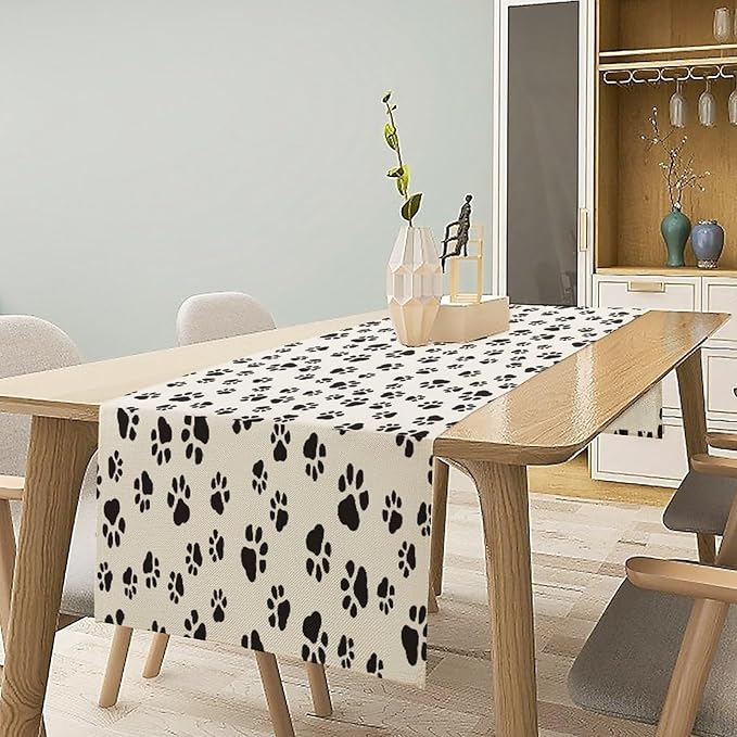 Dog Paws Table Runner, Cartoon Cute Black White Animal Footprints Abstract - Image 5