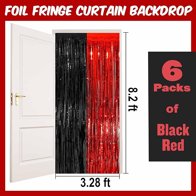 6 Pack Black and Red Foil Fringe Curtains Backdrop, 3.28 x 8.2 Ft Metallic - Image 2