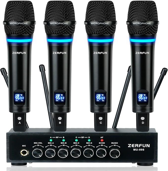 4 Channel Rechargeable Wireless Microphone System, Pro UHF Metal Handheld by ZERFUN