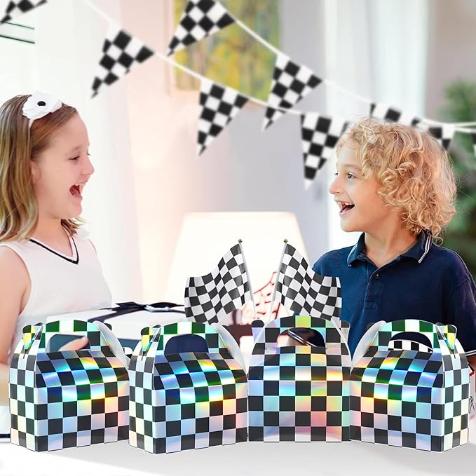 24 Pcs Iridescent Checkered Race Car Party Favor Gable Boxes, Paper Black and - Image 5