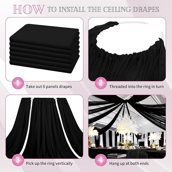 6 Panels Black Ceiling Drapes for Wedding 5ftx30ft Chiffon Fabric Arch Draping - Image 4