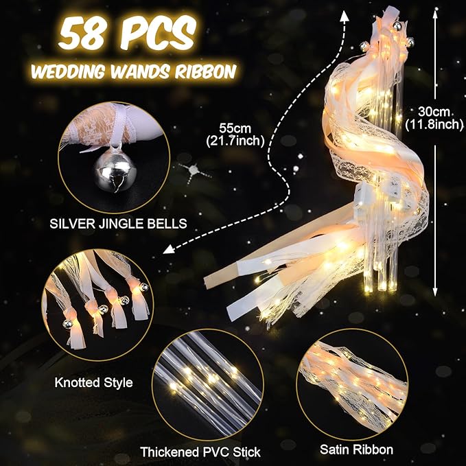 58 PCS Wedding Wands with Lights, Fairy Wands, LED Silk Fairy Wand with Bells - Image 2