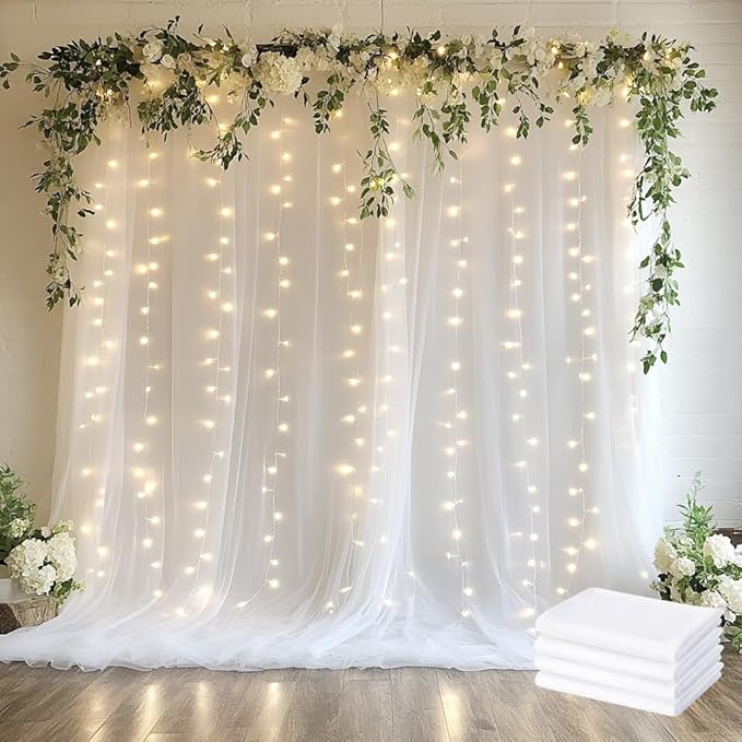 Tulle Backdrop Curtain with Lights String 20 X 10FT White Sheer Tulle Backdrop by Xiomot
