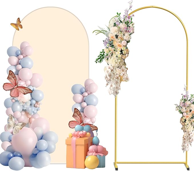 Metal Arch Backdrop Stand and Cover Set, 6FT Beige Reusable Spandex Fitted by CHUNQIANGCAIDESIGN