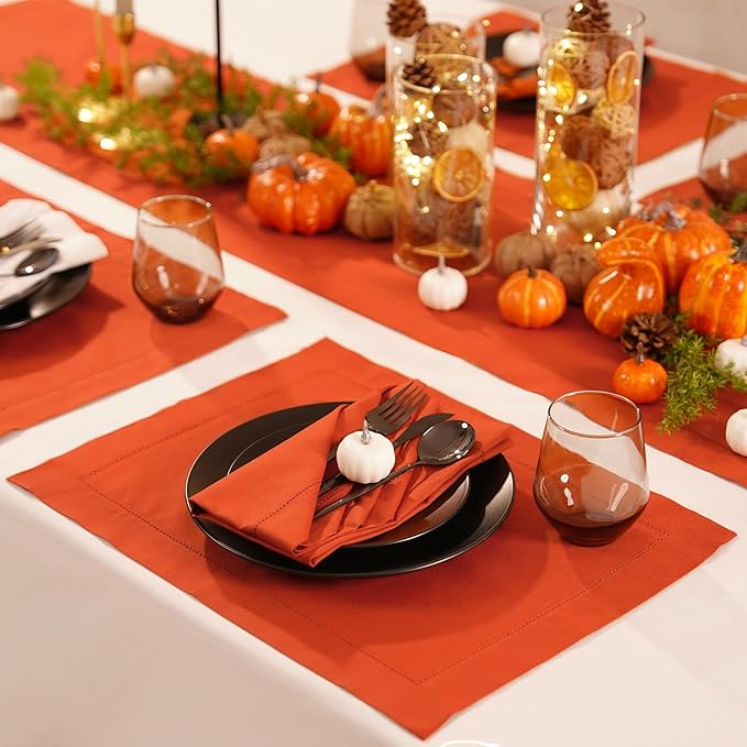 Pumpkin Table Runner 72 Inch – Cotton Linen Hemstitch Farmhouse Table Runner - Image 3