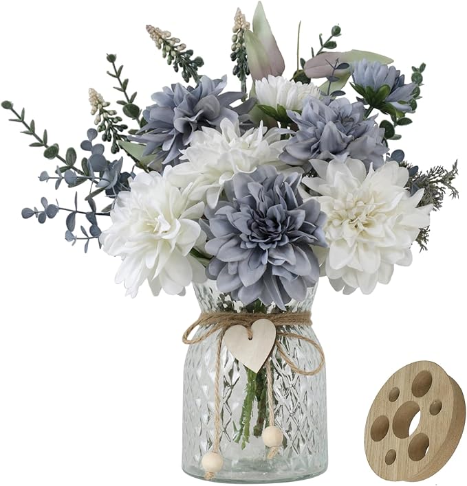 Fake Flowers with Vase, 8 Dahlias, with a Flower Arrangement Holder, Silk Faux by SHINFHOMF