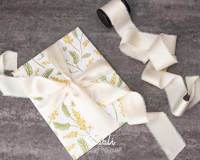 Ribbli Ivory Silk Satin Ribbon 1.5 Inch x 12 Yard Handmade Frayed Chiffon Ribbon - Image 3
