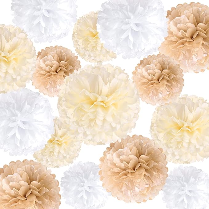 SUNBEAUTY 15 PCS Boho Champagne Pom Poms Tissue Paper Flowers, Wall Hanging by SUNBEAUTY