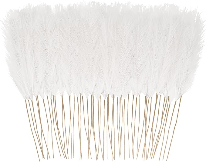 50pcs White Faux Pampas Grass Decor, 21.6" Short Artificial Pompous Grass by ObbsieDirect