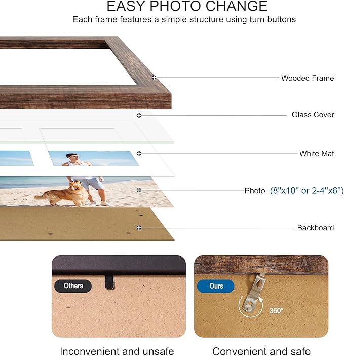 8x10 Picture Frame Set of 2, Rustic Brown Wood Frame - Image 3
