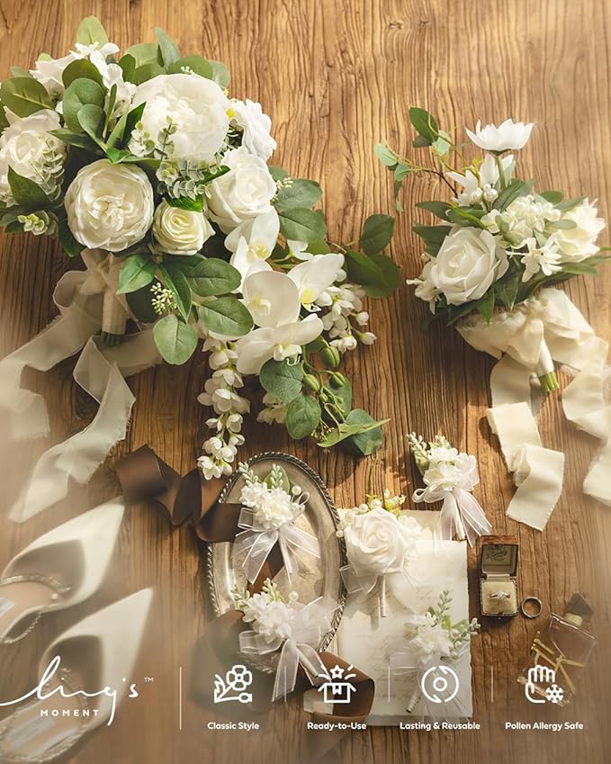 Ling's moment White Bridal Bouquet Cascading, 13 Inch Ivory Bride Bouquets - Image 4