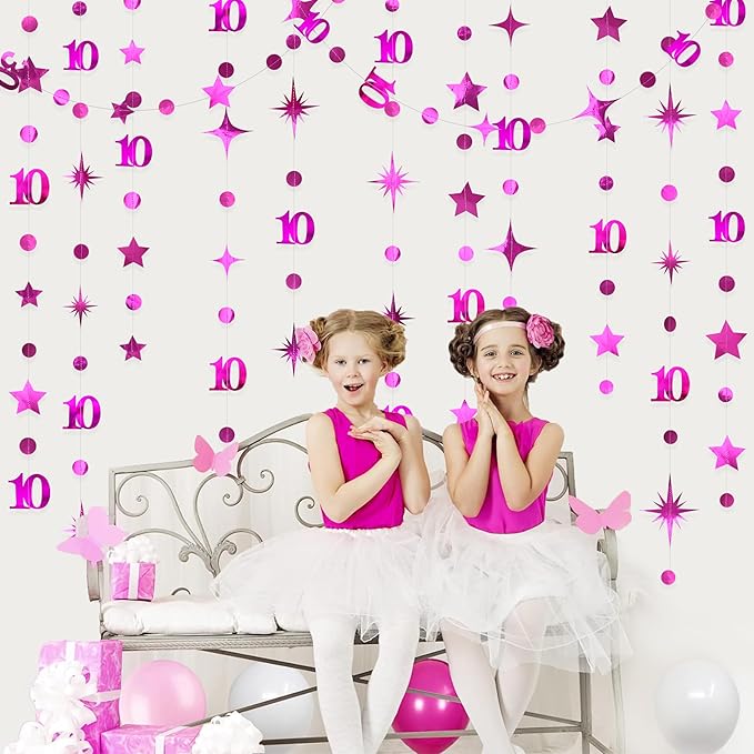 Hot Pink 10th Birthday Decorations Number 10 Circle Dot Twinkle Star Garland - Image 3