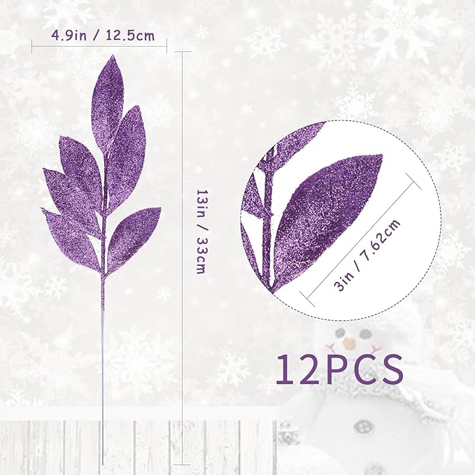 GREENTIME 12 Pack Artificial Purple Glitter Leaves 13" Fake Christmas Picks - Image 3