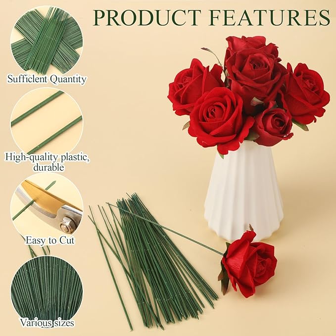300pcs Artificial Flower Stems, 6.7in、8in、10in Plastic Green Floral Wire Stems - Image 3