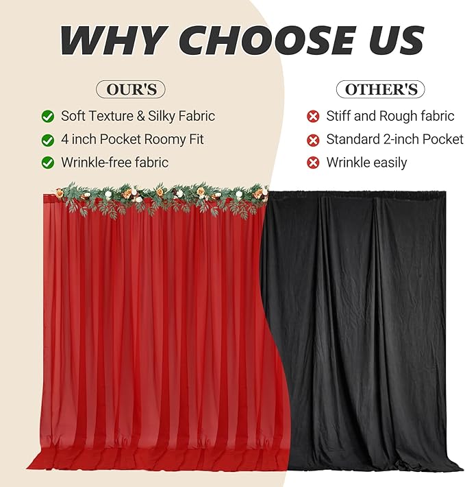 10ft x 10ft Red Backdrop Curtain Drapes, Wrinkle-Free Sheer Chiffon Fabric - Image 9