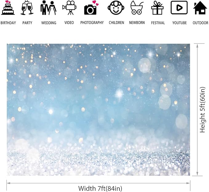 7x5ft Blue Bokeh Backdrops Birthday Party Abstract Golden Sparkling Spots - Image 3