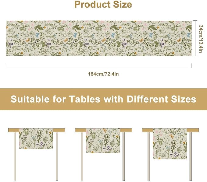 Wildflowers Floral Table Runner, Retro Flower Butterfly Seasonal Spring Summer - Image 2