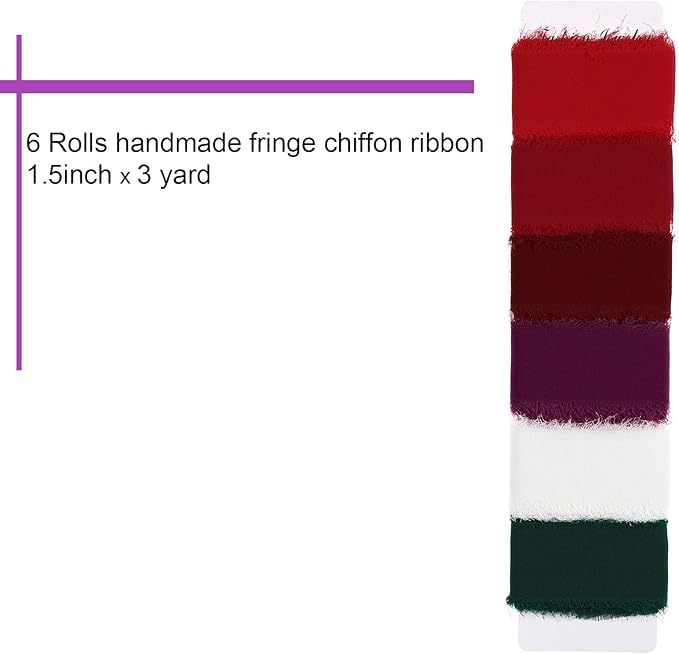 6 Rolls Handmade Fringe Chiffon Silk Ribbon 1.5" x 3 Yd Colorful Ribbon - Image 2