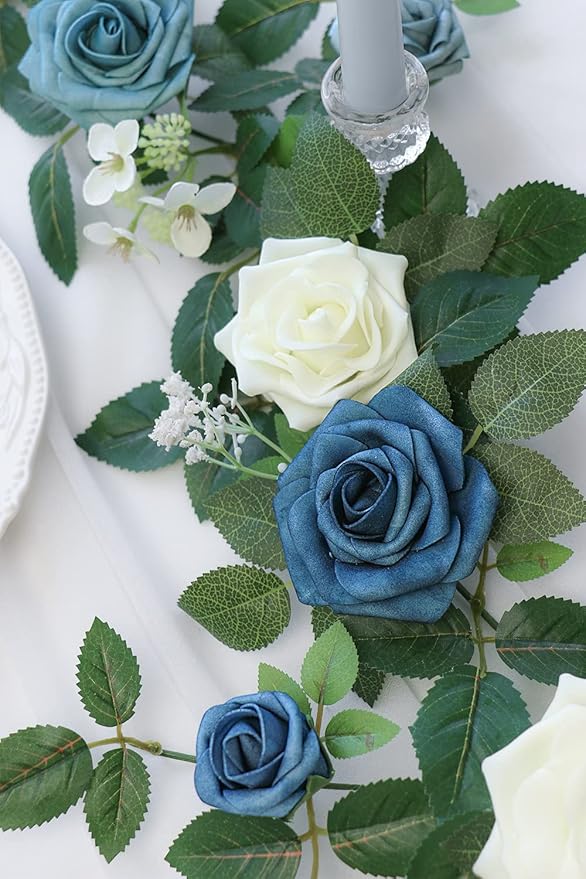 PONATIA 5FT Handcrafted Artificial Rose Flower Garland, Dusty Blue Flowers - Image 6