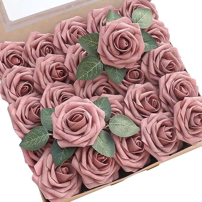 Floroom Artificial Flowers 50pcs Real Looking Dusty Rose Foam Fake Roses by Floroom
