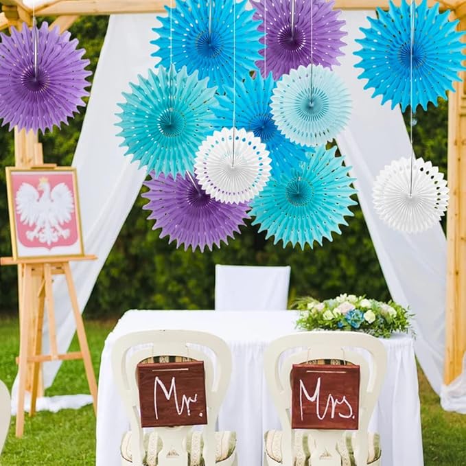 SUNBEAUTY Pack of 11 Purple Lavender Blue Hanging Honeycomb Paper Fans - Image 5