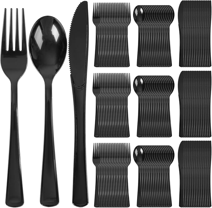 Supernal 300 Pieces Black Plastic Silverware Disposable Cutlery Black by supernal