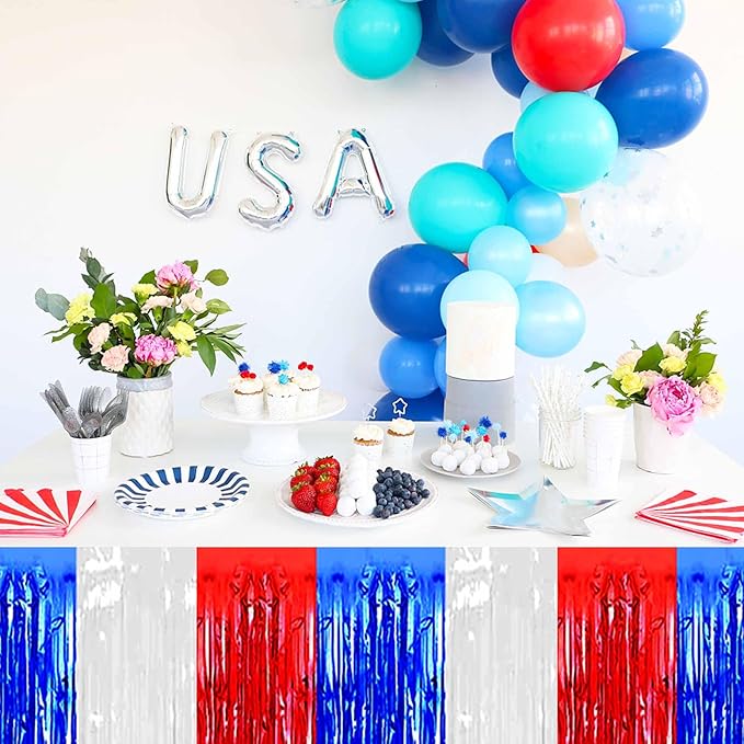 3 Pack 29 x108 Inch White Blue Red Foil Fringe Table Skirts Metallic Banner - Image 4