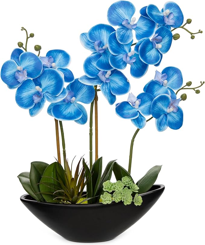 Briful Blue Orchid Fake Flowers 17in Artificial Orchid Silk Flowers in Black by Briful