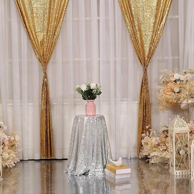 Poise3EHome Gold Sequin Backdrop Curtain 2 Panels 2ft x 8ft Gold Sequin Backdrop - Image 3