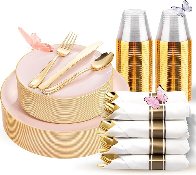 KIRE 175PCS Pink Plates Disposable by KIRE