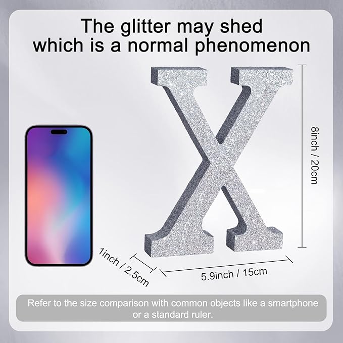 TONIFUL 8 Inch Silver Glitter Letter X Table Centerpiece A-Z Silver Birthday - Image 2
